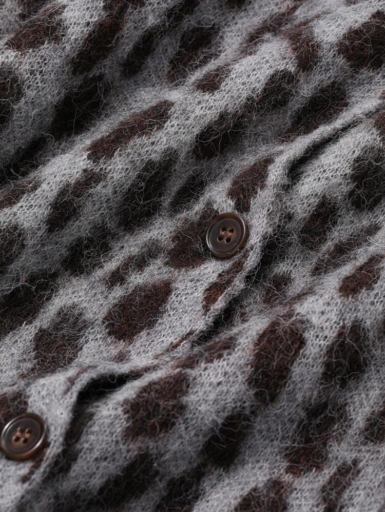 Leopard Print Patchwork Cardigan Knit Sweater For Women,Long Sleeve Tops,Fall Clothes