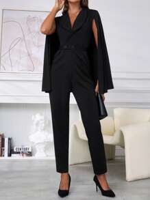 SHEIN Clasi 1 bộ đồ liền thân cổ khăn choàng hai hàng khuy màu trơn dành cho nữ, thanh lịch khi đi làm - màu đen - Xem 5