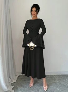 Rafferiza 女士纯色圆领喇叭袖优雅连衣裙，秋季长款女装 - 黑色 - 查看 5