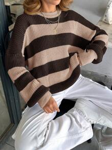 EURMUSE Women Stripe Pattern Round Neck Drop Shoulder Pullover - Multicolor - View 7