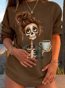 INAWLY Áo nỉ dài tay cổ tròn họa tiết đầu lâu dáng rộng cho nữ mùa thu đông - Cà phê nâu - Xem 1