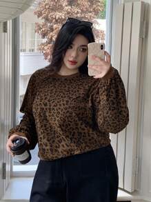 Dazy Plus Leopard Print Round Neck Loose Long Sleeve T-Shirt, Spring/Summer,Fall Clothes - Brown - View 4