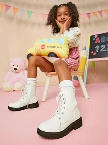 Mini mi 儿童时尚白色凸纹鞋底系带机车靴，带侧拉链，酷炫女孩战斗靴，易于穿着 - 白色 - 查看 1