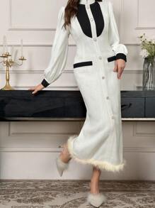 Modelyn 女士迷人优雅拼色毛边灯笼袖紧身连衣裙长款晚礼服 - 白色 - 查看 5