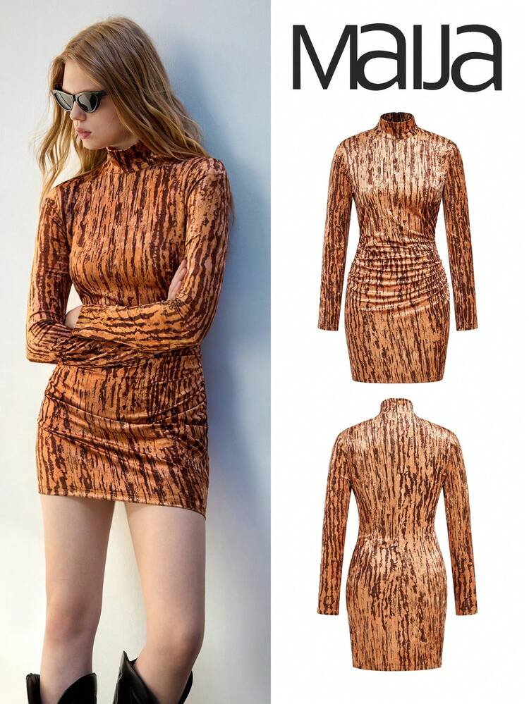 SHEIN Maija Damen Samtkleid mit schlankem Schnitt, Stehkragen und Langarm im Bodycon-Stil