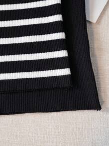 SHEIN Essnce 2 chiếc áo đan sọc in + cổ áo đứng dài tay Slim Fit Lớp nền trên cùng - Đen và trắng - Xem 6