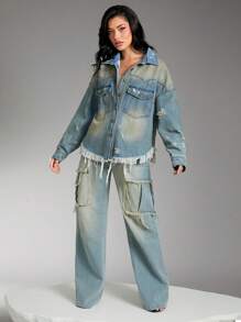 SHEIN Unity Premium Denim Western Tinted Ripped Denim Shacket - Medium Wash - View 3