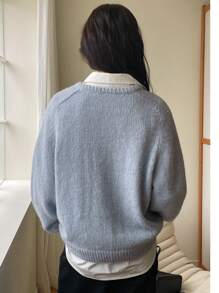 Dazy-Less Women's Plain V-Neck Knitted Sweater, Casual For Autumn/Winter,Fall Women Clothes - Blue - View 15