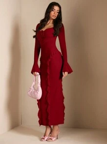 SHEIN BAE 优雅女士长袖修身衬衫，适合日常穿着、约会、外出、派对和聚会。秋季穿搭，秋季女装，秋季上衣。花卉3D装饰甜美粉色超长连衣裙，酒红色，适合新年、圣诞节和万圣节。