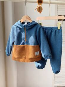 SHEIN Set de 2 piezas Chaqueta con capucha de media cremallera y hombros caídos + Pantalones de cintura elástica para niño/niña bebé, casual para uso cotidiano, adecuado para el otoño/invierno