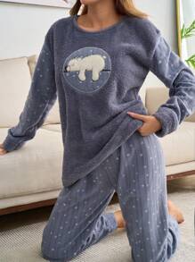 RueChic 2pcs Plush Bear Embroidery Detail With Star Pattern Homewear PJ Set - Grey - View 1