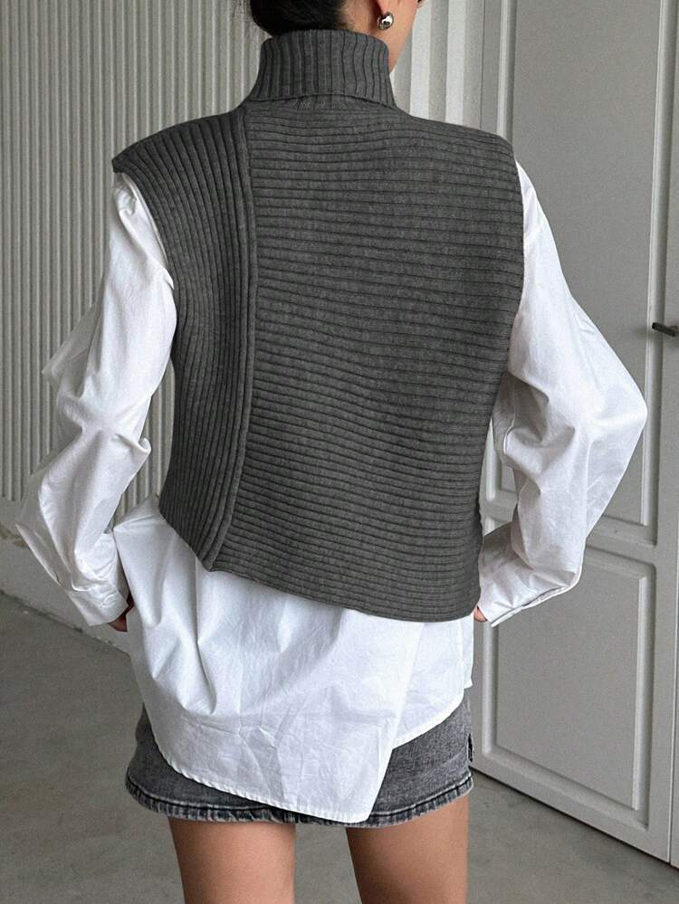 Women Asymmetric Hem Solid Color High Neck Sleeveless Knit Vest,Fall Clothes