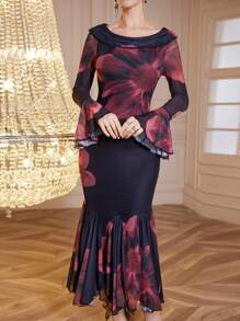 Modelyn Vestido largo de malla con estilo flamenco, vestidos de noche largos