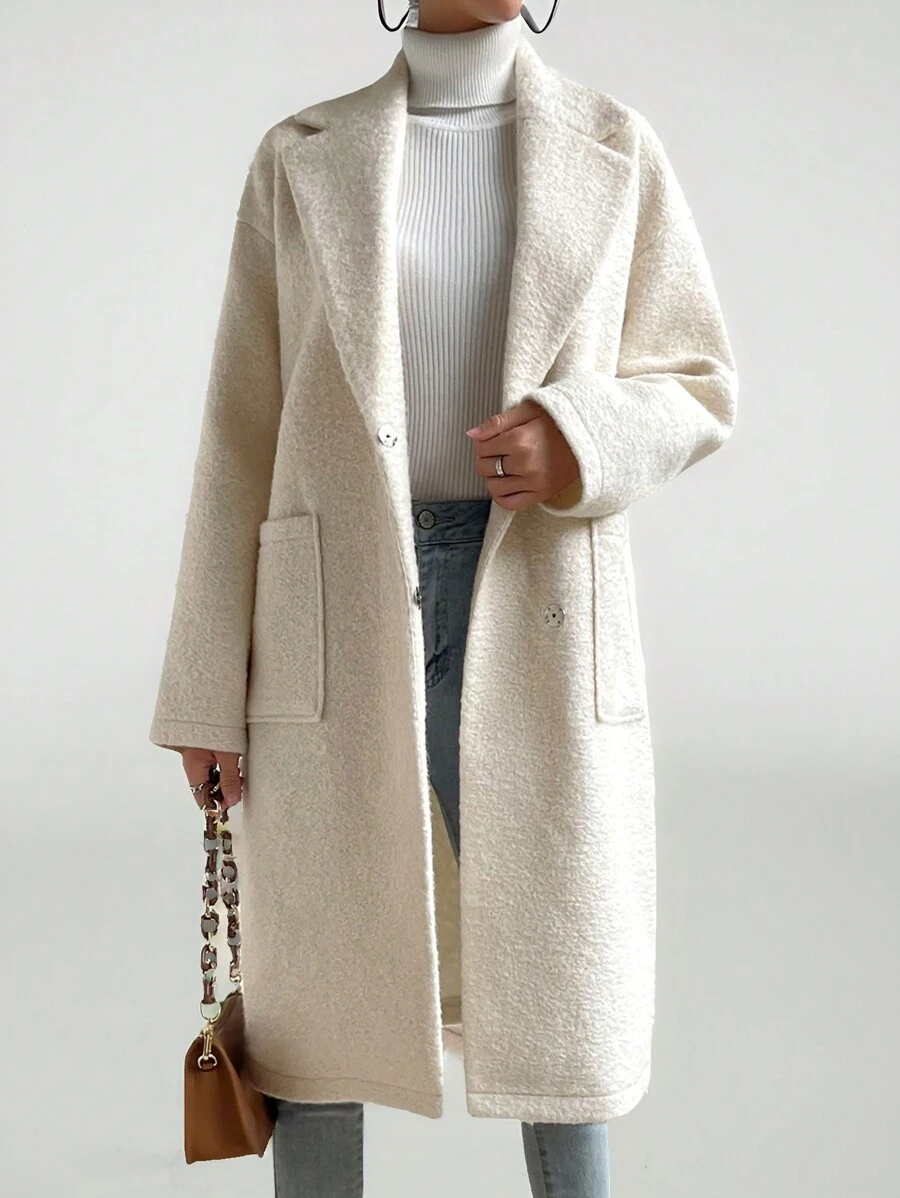 SHEIN PETITE Áo khoác nữ dáng ôm cổ trễ vai tay dài ve lật hai túi thời trang thu đông - Màu be - Xem 1