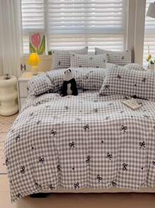 Juego de ropa de cama de 3 piezas con estampado a cuadros y rayas minimalista de poliéster grueso (1 funda nórdica, 2 fundas de almohada, sin relleno)