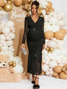 Loomaby Pregnant Women Elegant Rhinestone Mesh Fishtail Bodycon Long Sleeve Dress For Party, Baby Shower Party, For Maternity - Black - View 6