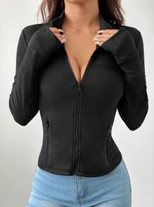 SHEIN ICON Chaqueta de protección solar de punto negra para mujer, blusa casual de manga larga con cierre delantero liso para mujer, traje de mujer para el Día de Acción de Gracias, sudadera para mujer - Negro - Ver 6