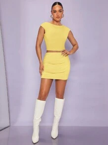 SHEIN BAE 性感褶邊 露背純色女士兩件套 - 黃色 - 查看 5