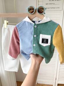 SHEIN 2pcs Set Baby Boy Colorful Monotone Contrast Color Hooded Loose Drop Shoulder Lightweight Jacket Top & White Long Pants Casual Outfit, Soft Corduroy Fabric Suitable For Daily Wear, Indoor, School, Travel