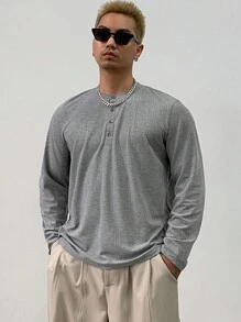 DAZY 1pc Men Plain Color Front Button Long Sleeve Casual T-Shirt Fall,Winter - Grey - View 8