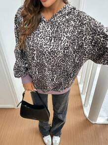 SHEIN Frenchy 1pc Women Leopard Print Casual Hoodie,Women's Solid Color Simple Daily Wear Long Sleeve Sweatshirt , Casual Sweatshirt,Fall Women Clothes,Cover Up,Fall Clothes,Long Sleeves Woman Fall Sweatshirts,Winter Outfits Women Sweatshirts,Oversized, We Suggest You Take One Size Smaller.,FW24,Commute,Minimalist,Office,Old Money,Simple, Cheetah - Multicolor - View 1