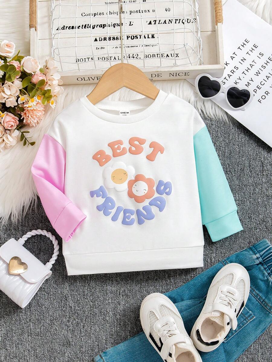 Baby/Kleinkind Mädchen Orange Splicing Süßes Blumen Lässiger Pullover Sweatshirt für Schule, Herbst/Winter