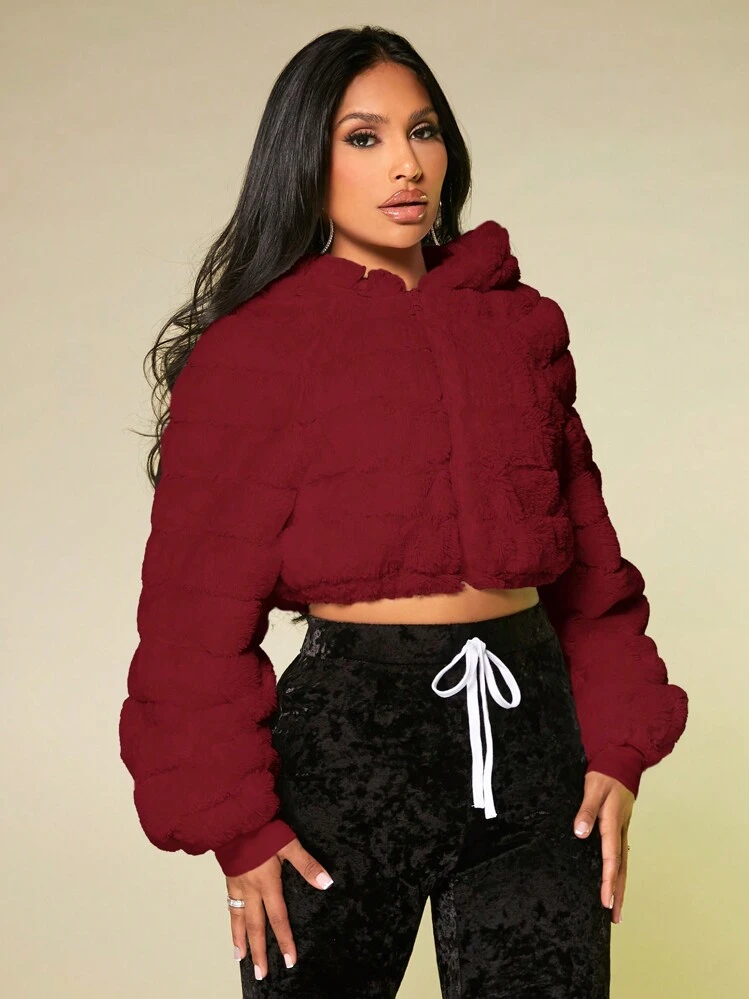 SHEIN SXY Women's Solid Color Long Sleeve Zip-Up Hooded Fluffy
