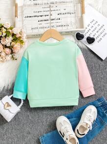 女童撞色花卉印花休闲套头衫，适合日常穿着和返校、秋冬季 - 彩色 - 查看 2