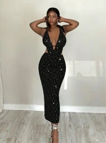 Slaydiva 2pcs Set Women Elegant Sequin Halter Neck Split Mini Skirt - Black - View 1