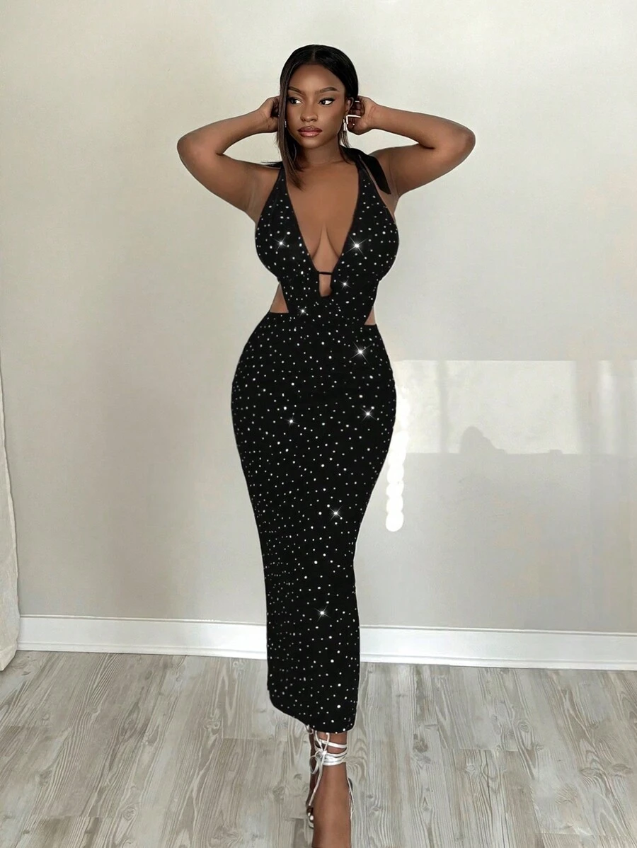 Slaydiva 2pcs Set Women Elegant Sequin Halter Neck Split Mini Skirt - Black - View 1