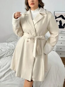 SHEIN Privé Plus Size Autumn/Winter Warm Fashionable Contrast Color Patchwork Lace-Up A-Line Short Overcoat - Apricot - View 6