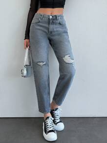 SHEIN MID-TAILLE GESCHEURDE MOM FIT GRIJZE JEANS