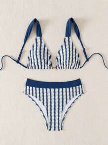 Women Textured Striped Fabric Thick Strap Sexy Bikini Set Summer