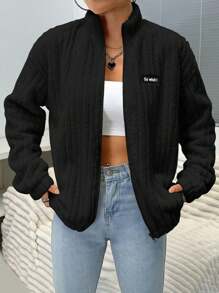 Flirla 休闲字母刺绣细节立领毛绒夹克，秋冬 - 黑色 - 查看 6