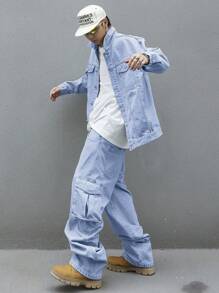 Manfinity Homme 2pcs Men's Casual Washed Denim Jacket & Pants Suit Set, Autumn - Light Wash - View 5