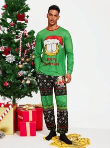 GARFIELD | SHEIN 男士卡通圣诞印花撞色领 T 恤和裤子家居服套装，可作为礼物 - 綠色 - 查看 4