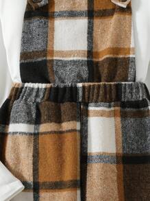 2 pezzi/set Outfit casual di moda per ragazze pre-adolescenti, composto da una maglietta a girocollo elasticizzata di colore unito + pantaloni salopette in pile a quadri - Bianco - Visualizzare 7