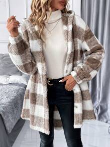 SHEIN Clasi Plaid Teddy Boucle Cinched Waist Women Regular Jacket In Fall/Winter - Multicolor - View 6