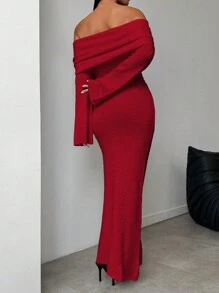 SHEIN Unity 1 件女式露肩颗粒纹理白色宽袖口紧身直筒针织毛衣连衣裙 - 酒紅色 - 查看 2