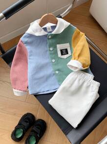 SHEIN 2pcs Set Baby Boy Colorful Monotone Contrast Color Hooded Loose Drop Shoulder Lightweight Jacket Top & White Long Pants Casual Outfit, Soft Corduroy Fabric Suitable For Daily Wear, Indoor, School, Travel
