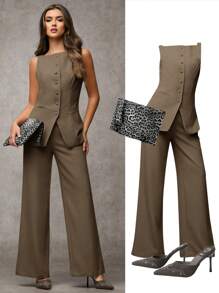 SHEIN BAE بذلة نسائية أنيقة من سترة وبنطال ذات لون واحد وياقة مستديرة أنيقة للارتداء اليومي، ملابس صيف وخريف للنساء، ملابس مكتبية رسمية كاجوال، بدلة مكونة من قطعتين للنساء في فصل الخريف، بليزر نسائي - بني - مشاهدة 7