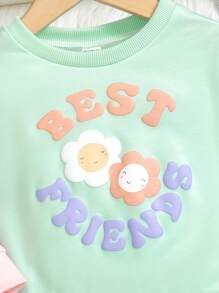 女童撞色花卉印花休闲套头衫，适合日常穿着和返校、秋冬季 - 彩色 - 查看 3