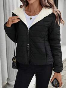 SHEIN LUNE Women's Black Casual Street Style Lightweight Padded Short Jacket, Winter