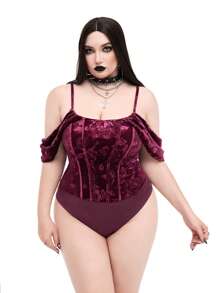 Whyspr 深色朋克哥特风格天鹅绒压花圣诞派对紧身衣 - 酒紅色 - 查看 4