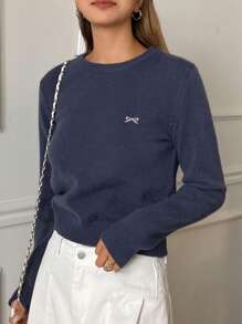 DAZY Nuevo suéter de punto con bordado de lazo para mujer en otoño - Azul Marino - Ver 5