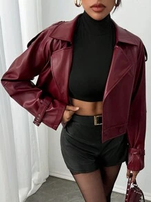SHEIN SXY Autumn Winter Retro Burgundy PU Leather Jacket, Street Style - Red - View 1