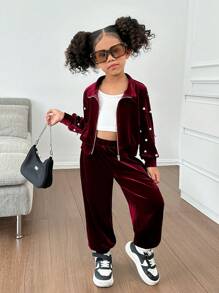 SHEIN 2 件套年轻女孩和幼儿女孩珍珠装饰天鹅绒运动衫搭配天鹅绒裤子的运动衫，女孩休闲秋冬装 - 紅色 - 查看 6