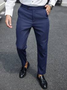 Manfinity Bizformal 1pc Men's Solid Color Straight-Leg Pocket Dress Pants, Suitable For Daily Commute And Business - Navy Blue - View 5