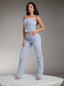 Denimoi Premium Hook & Eye Denim Corset Cami Top - Light Wash - View 3