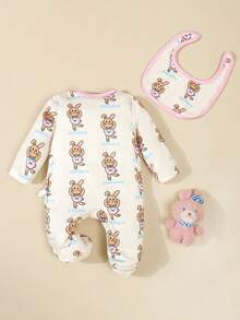 SHEIN 2pcs Baby Girls Cute Rabbit Print Long Sleeve Jumpsuit With Bib, Home Outfit Set - Pink - View 8